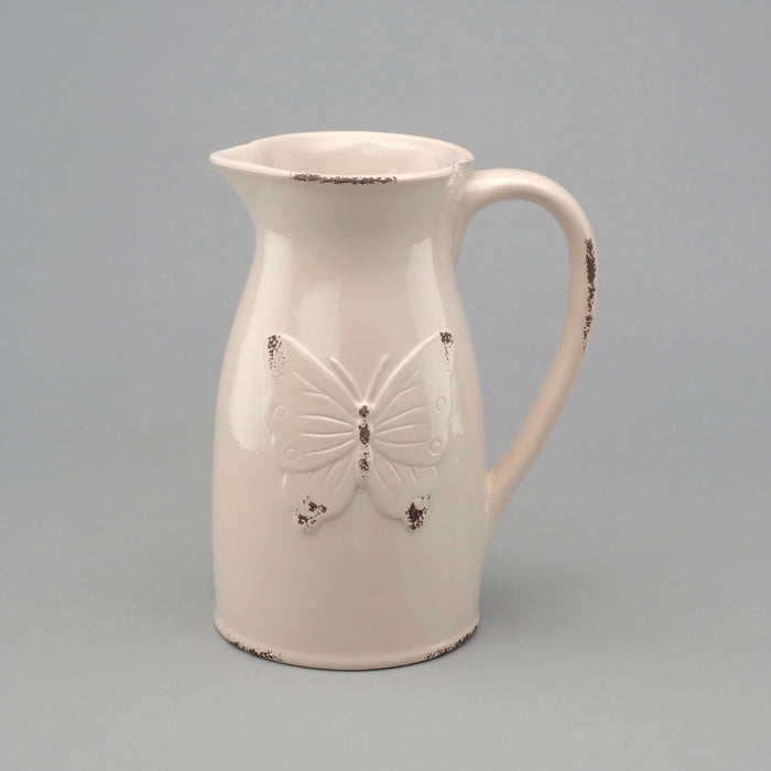 8-1/8"H X 4-1/2"Bd Dolomite Pitcher Vase W/Butterfly Pattern Milk White