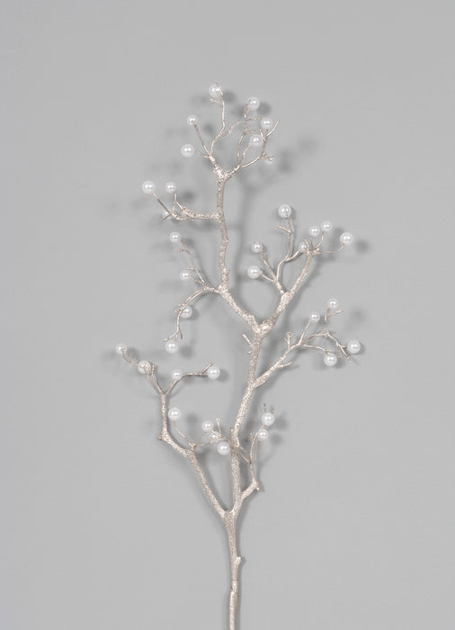 Metallic Branch w/Pearls Spray - Silver/White