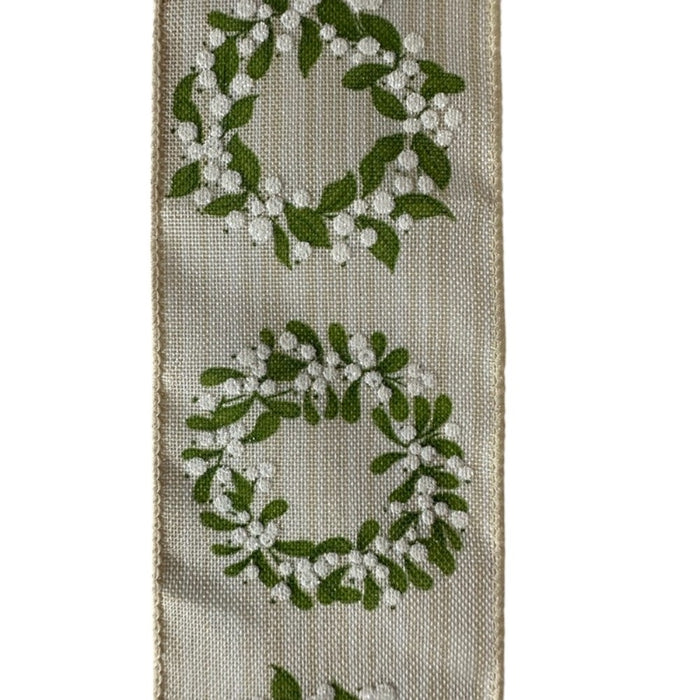 2.5 in Mistletoe Wreath Ribbon - Green/Ivory