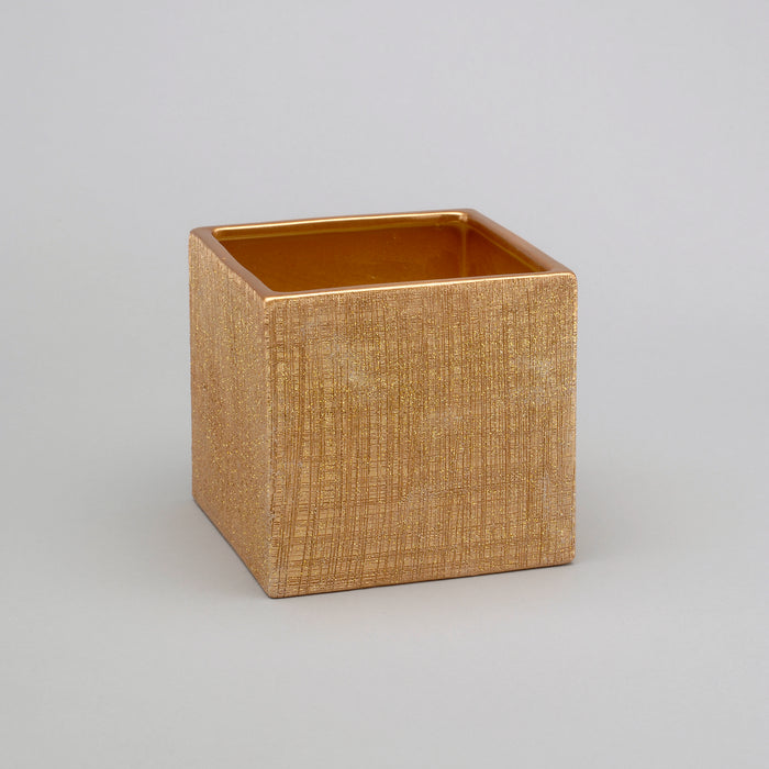 Textured Cube Pot w/Glitter - Gold