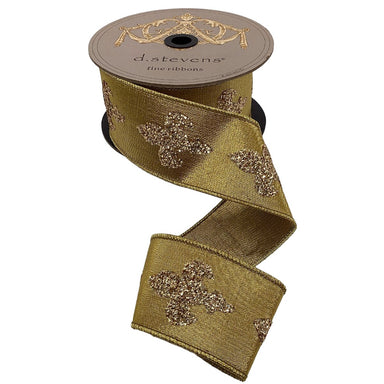 2.5 in Metallic Dupion Gold Glitter Fleur de Lis Ribbon - Gold