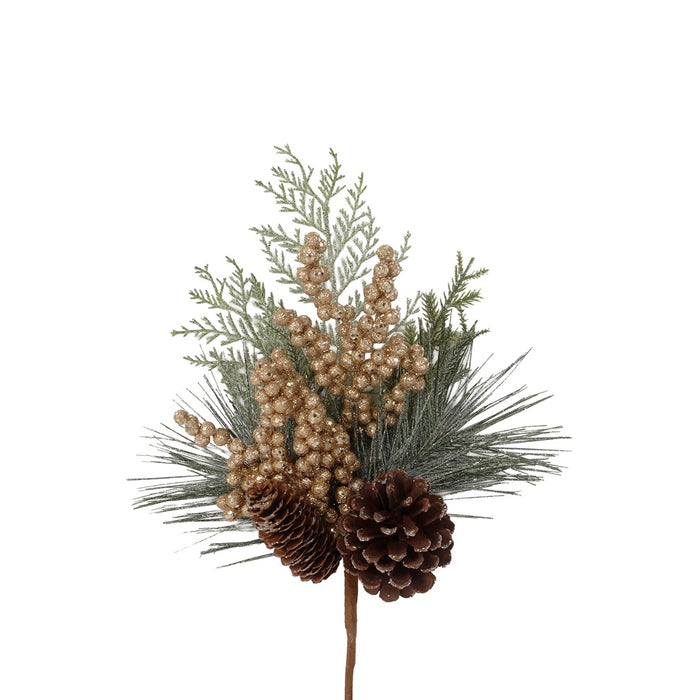 16 in Mix Pine/Glitter Styro Berry/Pinecone Pick - Gold/Green
