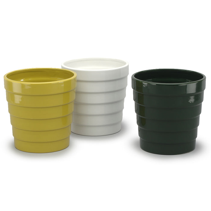 Tapered Ribbed Ceramic Pot - White/Mustard/Hunter Green