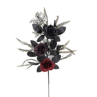 24 in Halloween Rose Spray w/Mixed Foliage - Black/Red